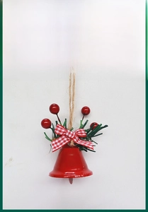 Detail of red Christmas bell with plaid bow berries and green pine needles on jute rope
