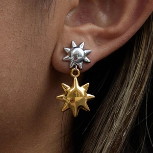 Minimalist titanium steel sun star drop earrings with two-tone gold and silver finish