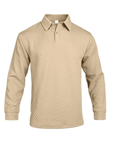 Detail showing the khaki long-sleeve Polo shirt with unique diamond-textured jacquard fabric