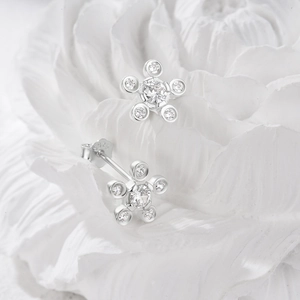 Detail showing S925 sterling silver stamp and five-petal flower stud earring with zircon