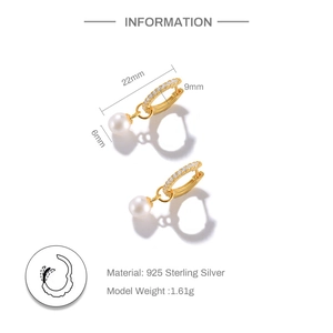 Detailed dimensions of 925 sterling silver gold-plated earrings with pearls and zircon