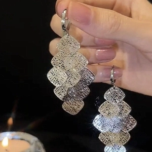 Geometric Layered Rhombus Hollow Mesh Dangle Earrings For Women Silver Tone Alloy Long Tassel Fringe Statement Jewelry
