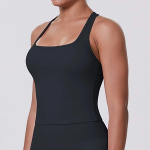 Side view of black racerback sports tank top with square neck and wide straps