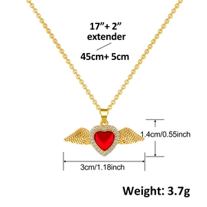 Detail view of gold-plated wing heart pendant with size and weight specifications