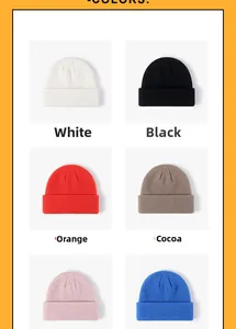 Multiple color options for knitted beanies including black, orange, blue, and cocoa