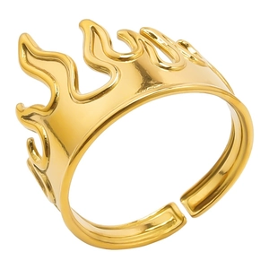 Minimalist gold stainless steel flame shaped adjustable ring with wave hollow design