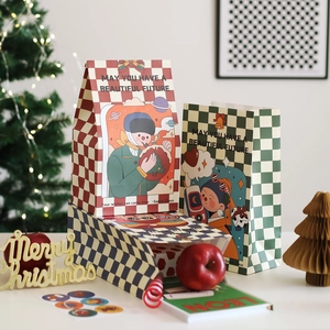 Christmas gift bag set with retro illustrations and checkered patterns in various colors