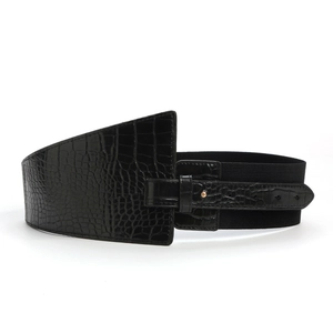 Women's 8cm black wide waist cinch belt with crocodile pattern and elastic band