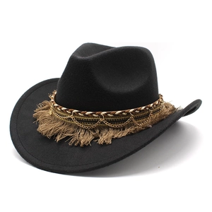 Retro Western black felt cowboy hat with bohemian braided band and gold chain accents