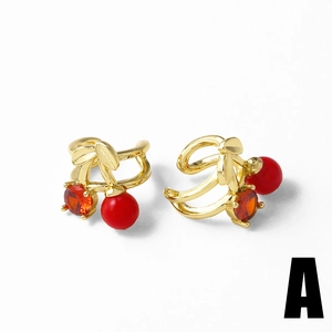 Fashionable cherry ear cuffs in 18k gold plated copper with red beads and rhinestones