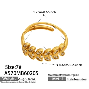 Detailed view of leaf pattern 18K gold plated ring with zircons and size specifications