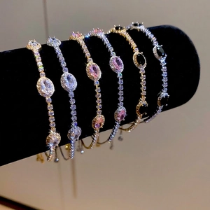 Elegant Oval Zircon Bracelet Copper Adjustable Slider Bolo Clasp Luxury French Style Jewelry For Women Sparkling