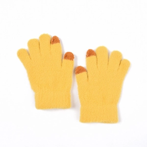 Close-up of mustard yellow knit gloves with brown touch-screen conductive fingertips