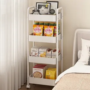 White 4-tier rolling kitchen trolley with storage baskets and wheels for home organization