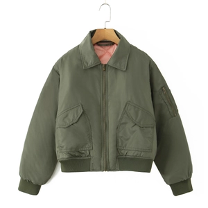 Women Army Green Bomber Jacket Windproof Pink Quilted Lining Zip Up Short Casual Long Sleeve Lapel Collar Coat Outerwear