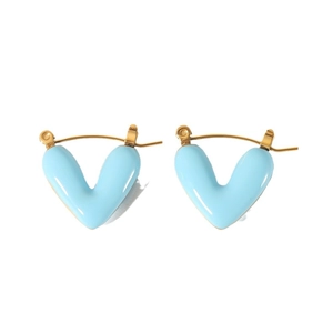 Minimalist 18K gold stainless steel heart hoop earrings with light blue enamel design