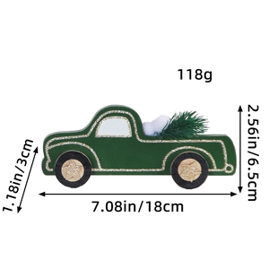 Dark green wooden Christmas truck ornament with dimensions and weight on white background