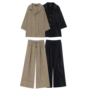 Detailed flat lay of casual linen shirt and wide-leg trousers set in khaki and black colors