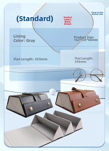 Three-slot folding sunglasses organizer in black and brown PU leather with dimensions