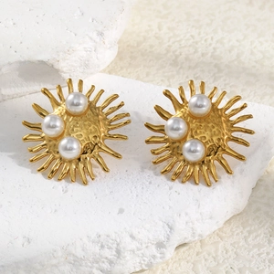 Vintage 18K gold plated stainless steel sunburst stud earrings with three pearls