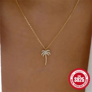 S925 sterling silver gold palm tree pendant necklace with sparkling cubic zirconia