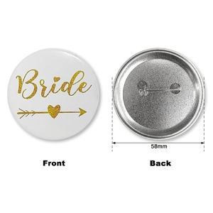 58mm witte Bride bruiloft badge van blik met goud glitter tekst en een veiligheidsspeld