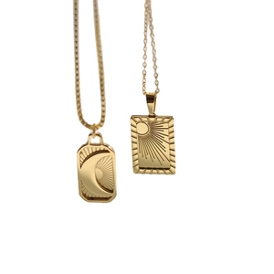 18K gold plated stainless steel sun and moon radiant square pendant necklaces set