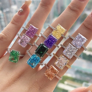 Colorful radiant cut cubic zirconia S925 sterling silver rings displayed on hand