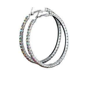 Chic silver oversized hoop earrings with iridescent rhinestones in a trendy design