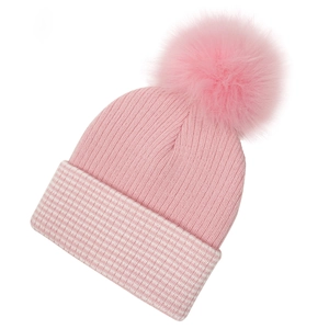 Detail of pink knit hat featuring faux fur pompom and striped cuff for winter warmth