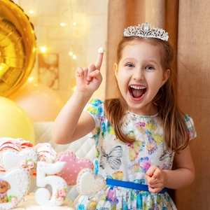 Close-up of sparkling silver rhinestone bridal tiara worn at a birthday celebration