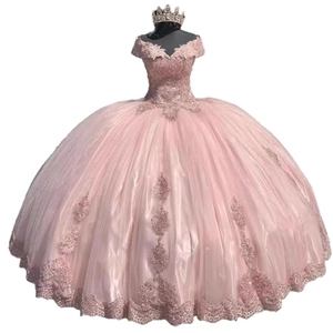 Pink off-shoulder ball gown with floral lace embroidery and multi-layered tulle skirt
