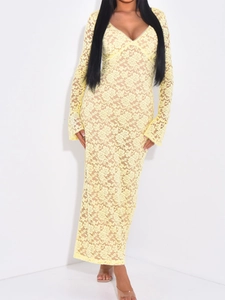 Robe longue en dentelle jaune élégante avec col en V et manches longues style Y2K