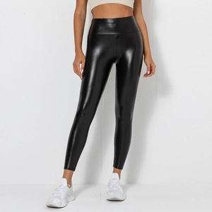 Women high waist shiny faux leather leggings in black with slimming stretch fit