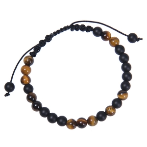 Détail du bracelet Morse avec œil de tigre 6mm et pierres mates sur cordon réglable