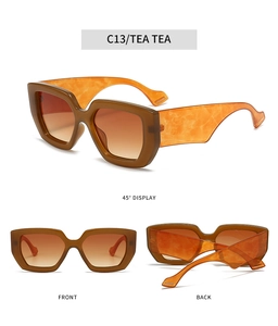 Detail views of vintage square sunglasses with tea lenses and marble patterned temples