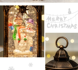 Close-up of vintage bronze Christmas lantern with three snowmen and hanging ring detail