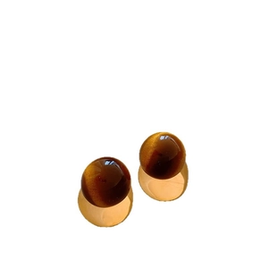 French vintage tiger eye round stud earrings with minimalist gold metal setting