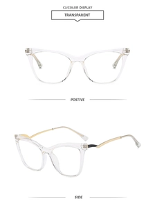 Detailed front and side views of transparent cat-eye glasses with gold metal temples