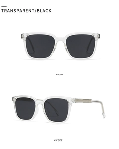 Front and side view of transparent square frame sunglasses with black polarized lenses