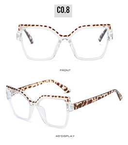 Front and side view of square cat eye glasses with leopard print frame and spring hinges