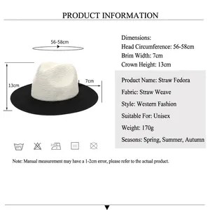 Two-tone straw fedora hat with size chart for men and women outdoor sun protection