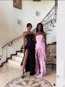 Robe De Soirée Bustier Coupe Ajustée Sexy Maxi Bordure À Volants Fente Latérale Robe De Fête Élégante Pour Femmes