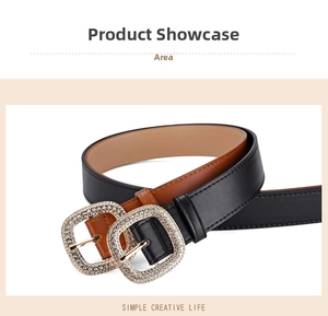 Detail of square buckle belts for women with sparkling rhinestones in black and brown