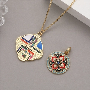 Ciondoli Pittura Smalto Tibetano Stile Etnico Pendenti Fai Da Te Gioielli Rame Placcato Oro 14K Strass Geometrico