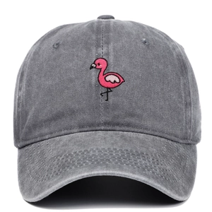 Vintage washed grey baseball cap featuring pink flamingo embroidery and cotton denim texture