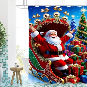 Tenda da doccia natalizia impermeabile con Babbo Natale e albero nel bagno moderno
