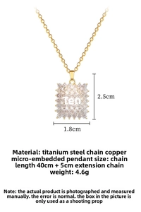 Detail view of square cross pendant size 2.5x1.8cm with crystal insets on titanium chain