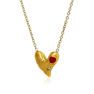 Collier Pendentif Coeur Acier Inoxydable Plaqué Or 18K Émail Rouge Incrusté De Strass Chaîne Clavicule Géométrique Femme