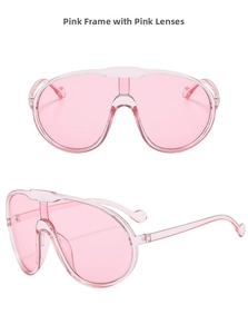 Detail view of transparent pink oversized shield sunglasses with a one-piece wrap design